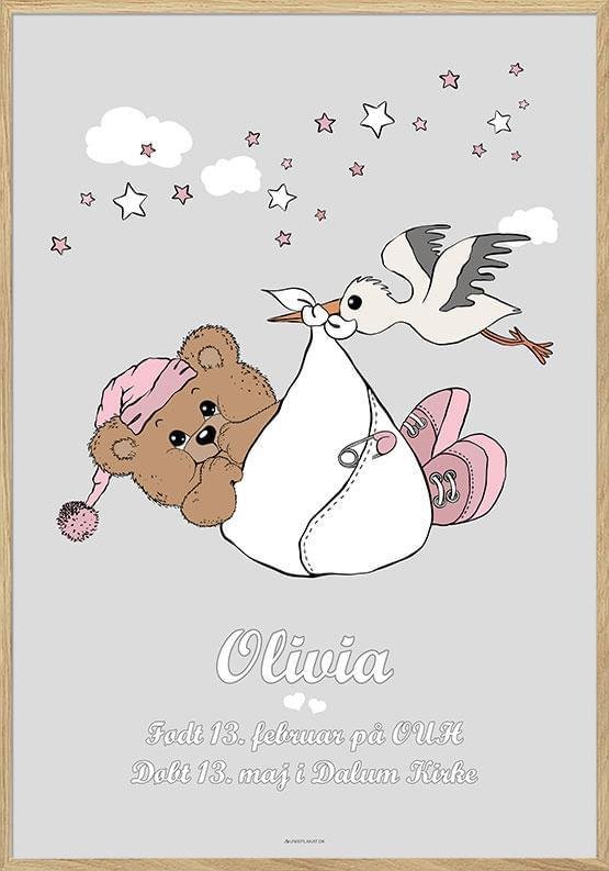 Dåbsplakat med Stork og Bamsebylt til Pige – Unik Indretning