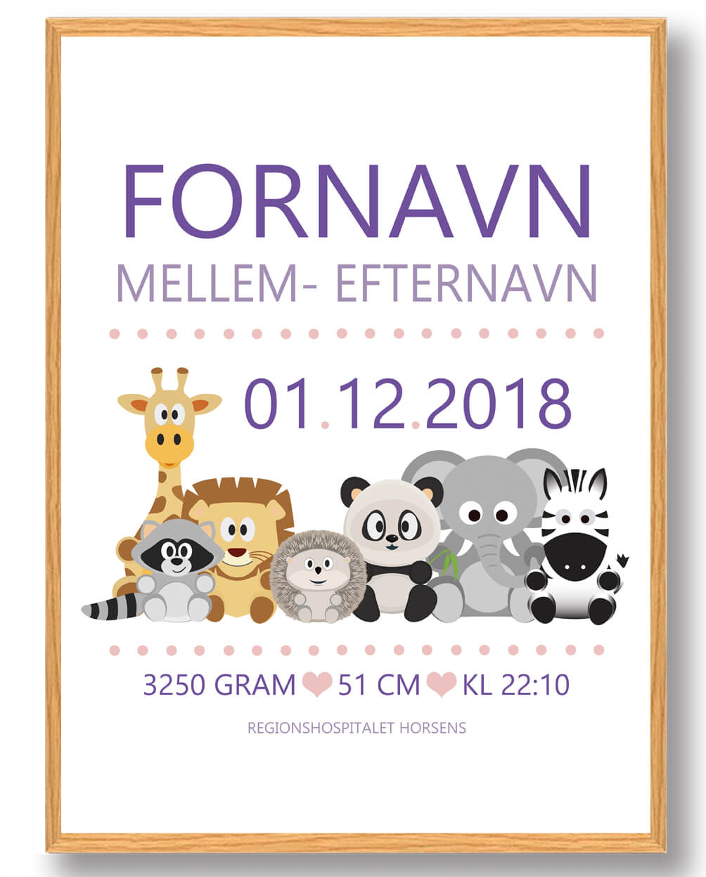 Fødselstavle med Dyr i Lilla - Ideel til Børneværelset!