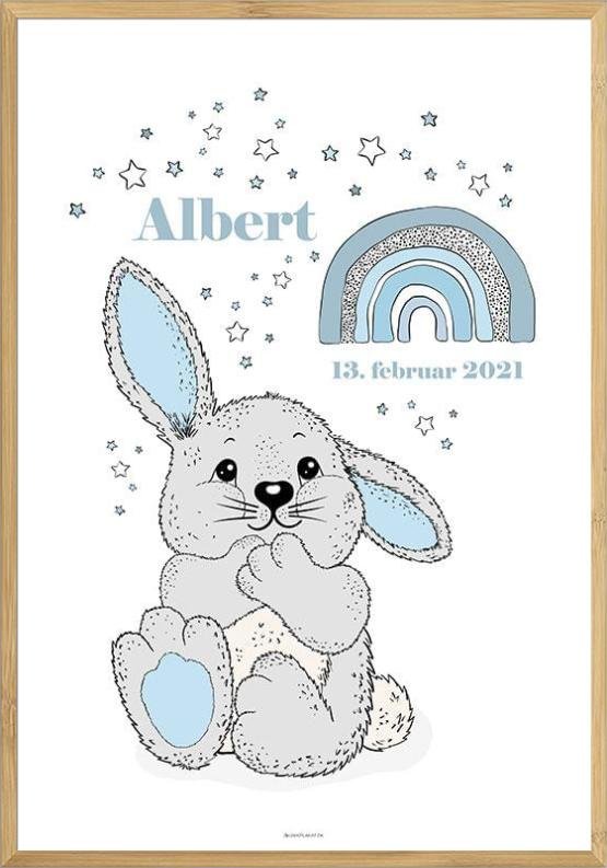 Personlig Dåbsplakat med Kanin og Regnbue til Dreng