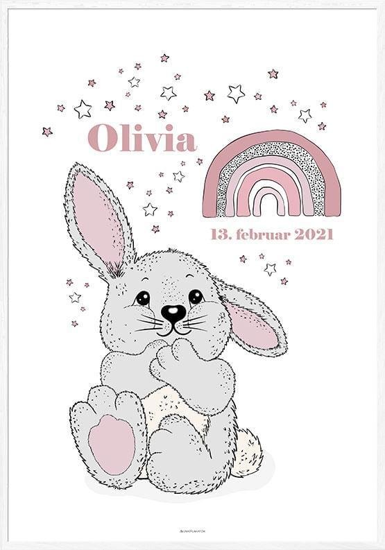 Personlig Dåbsplakat med Kanin og Regnbue til Pige