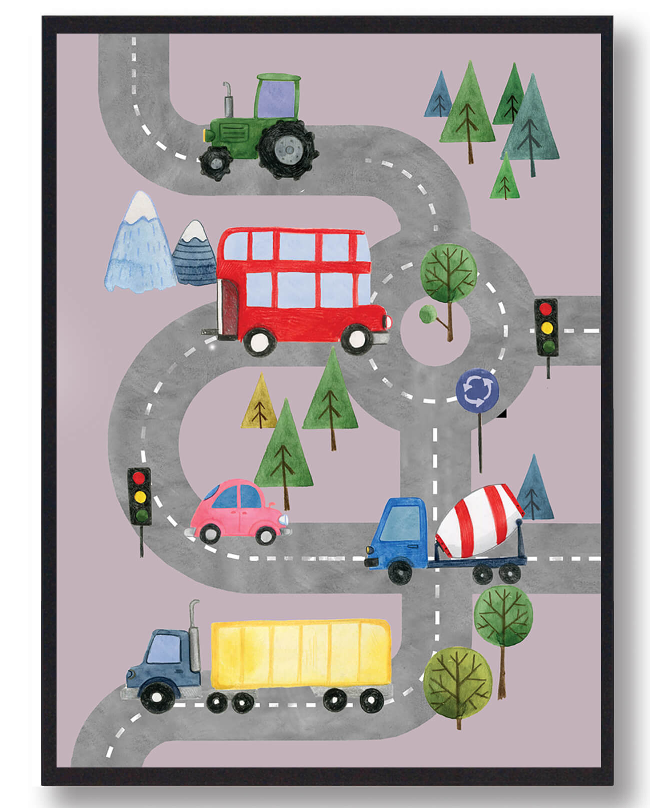 Håndtegnet Plakat med Biler på Vejen - Lyserød Design
