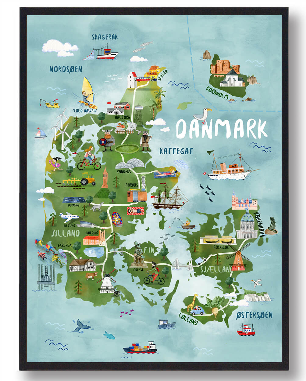Håndtegnet Danmarkskort Plakat til Børn - Udforsk Danmark!