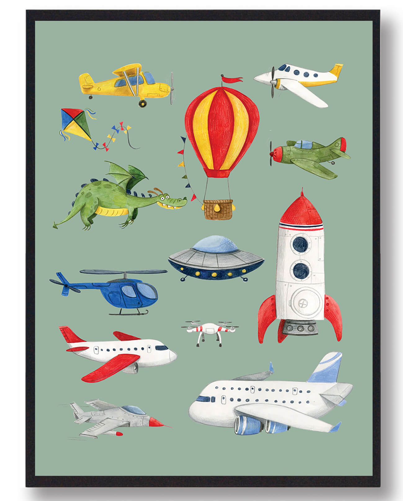 Håndtegnet Plakat af Fly og Helikopter - Grøn