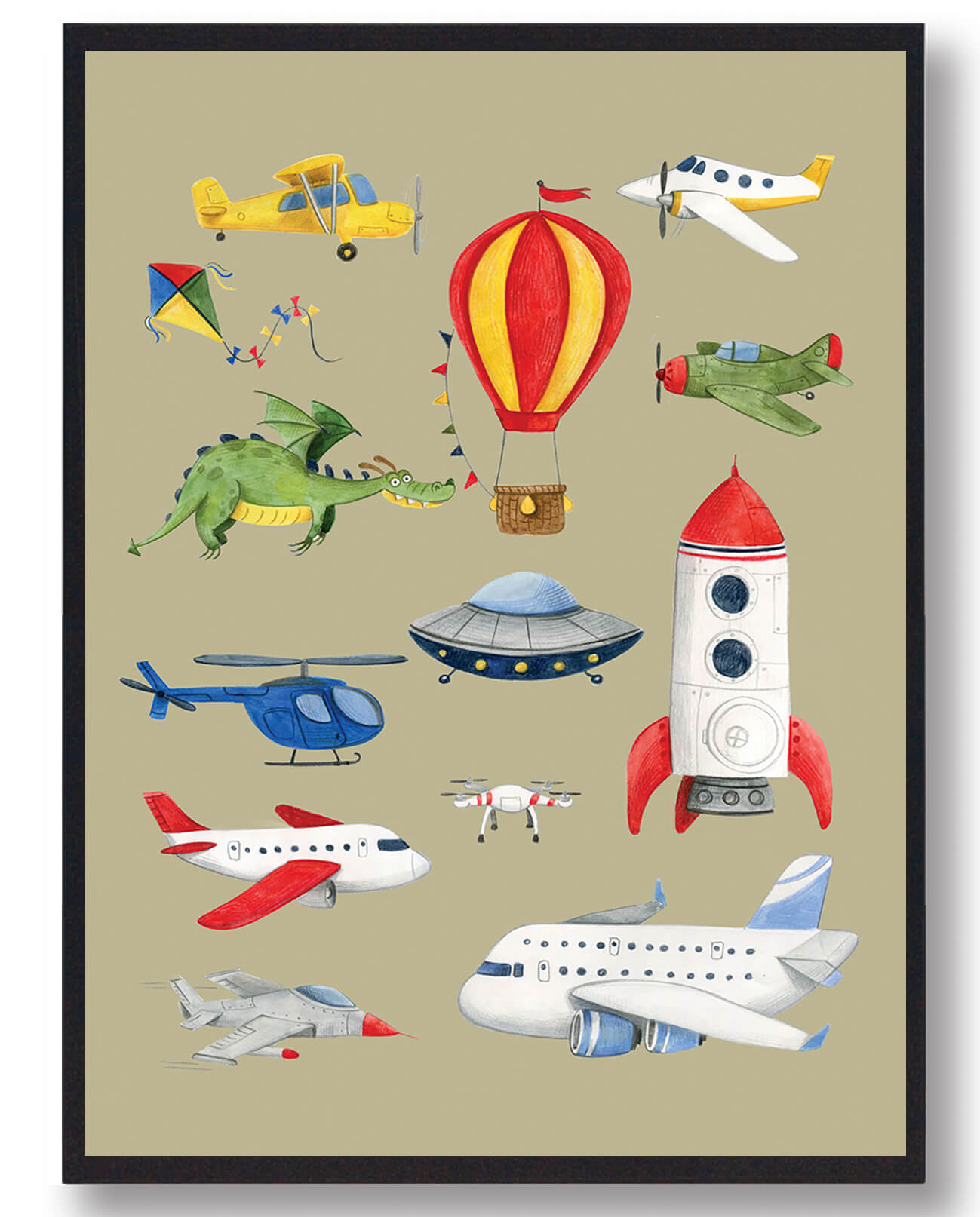 Håndtegnet plakat af fly og helikopter - Gul