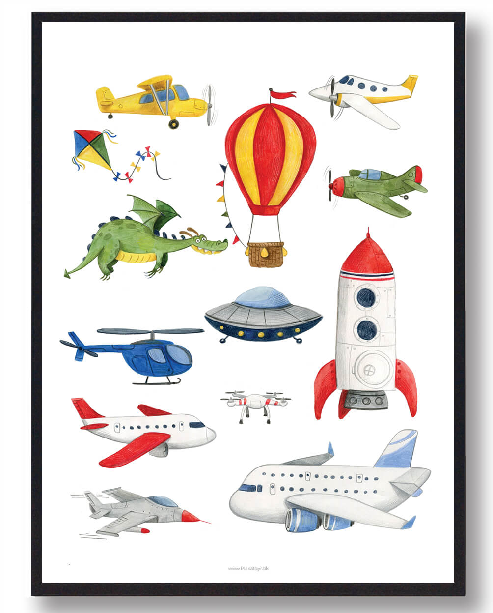 Håndtegnet Plakat af Fly og Helikopter til Børneværelset
