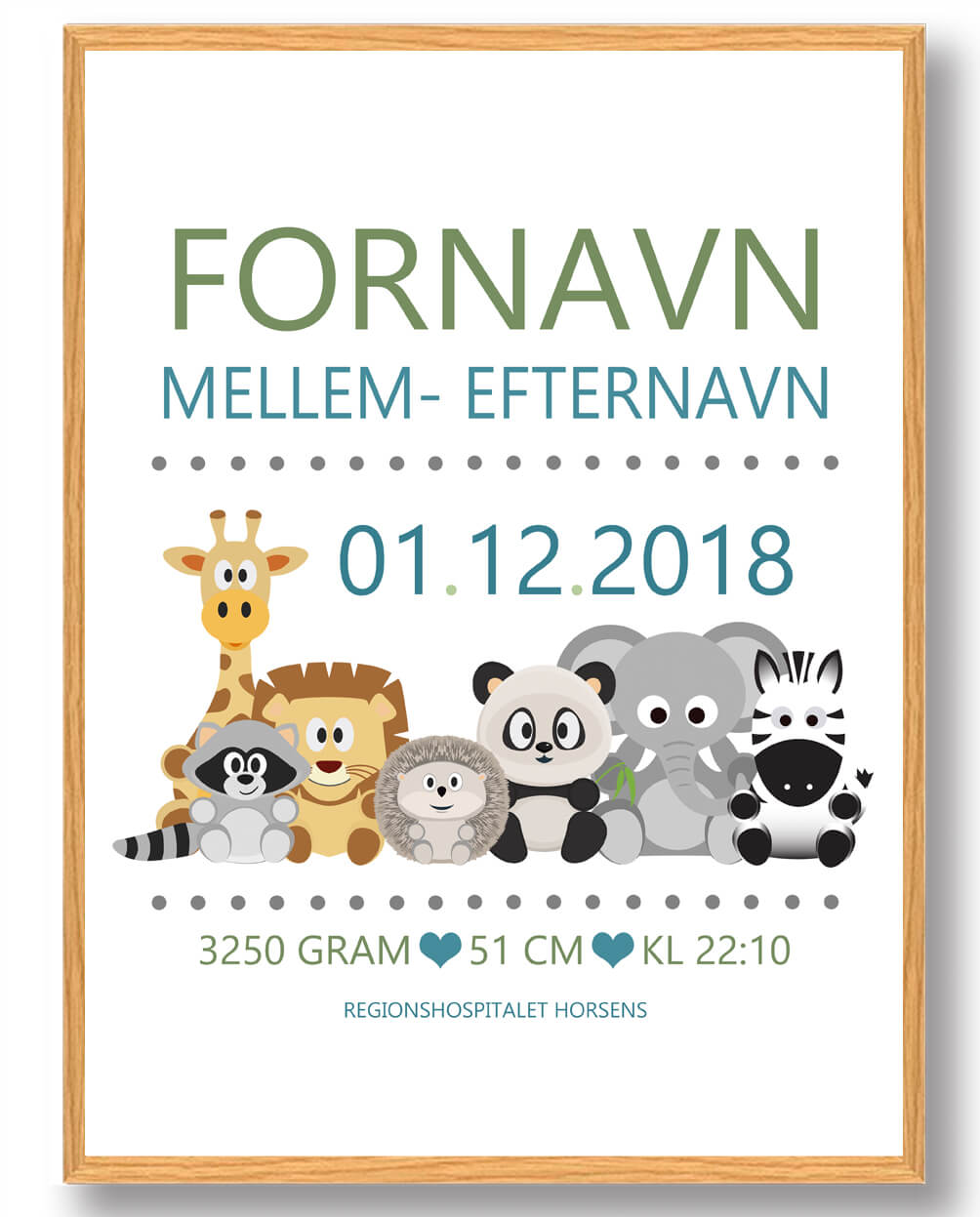 Fødselstavle med Dyr - Grøn Plakat til Barnedåb