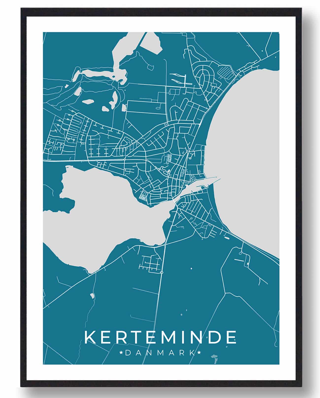 Kerteminde By Plakat - Blå Illustration af Byen