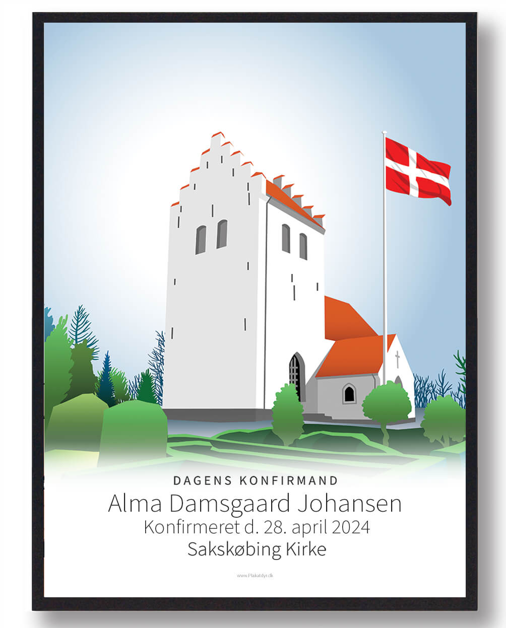 Konfirmationsplakat med Kirke - Blå Baggrund til Gave