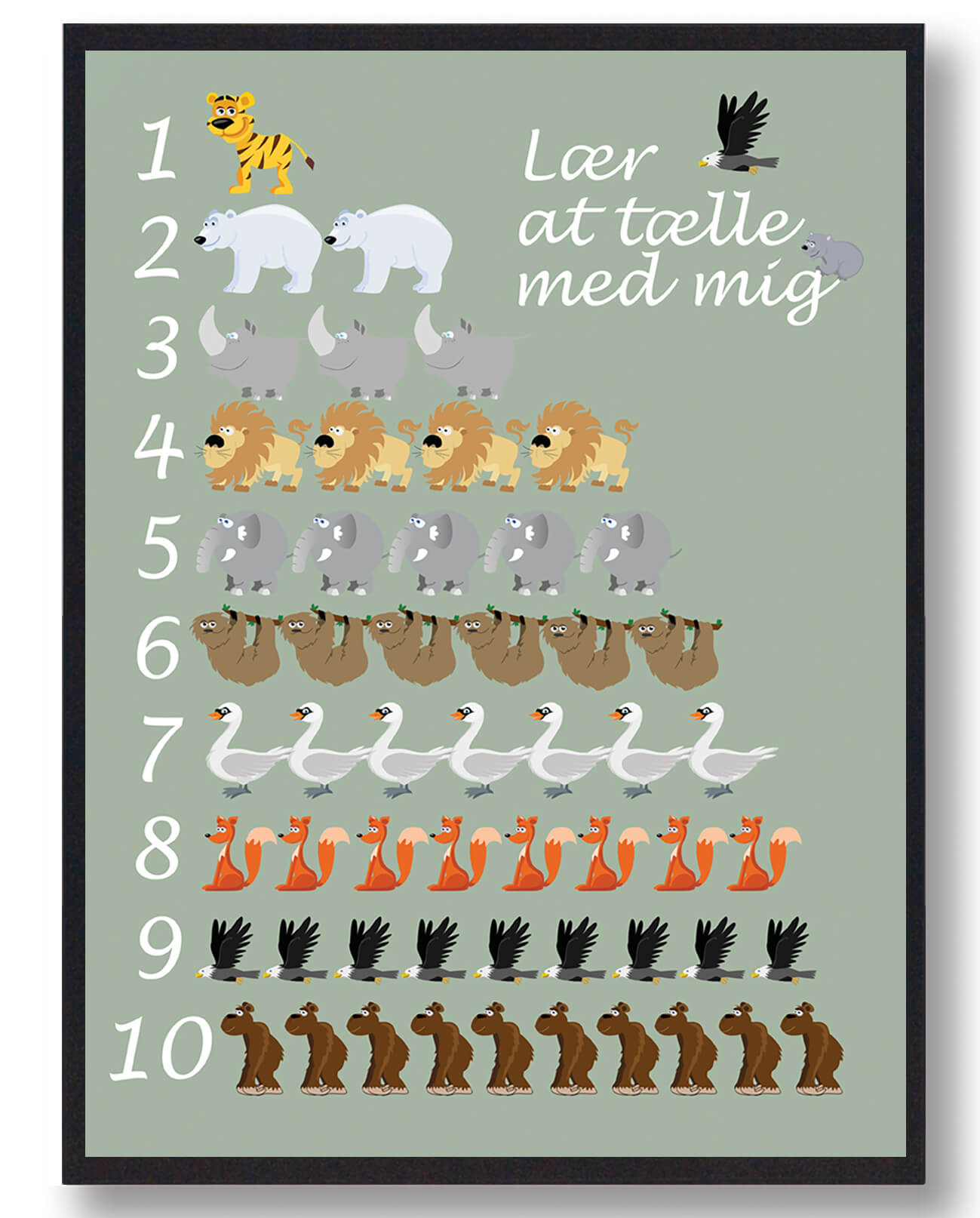 Lær At Tælle - Grøn Plakat til Børneværelset