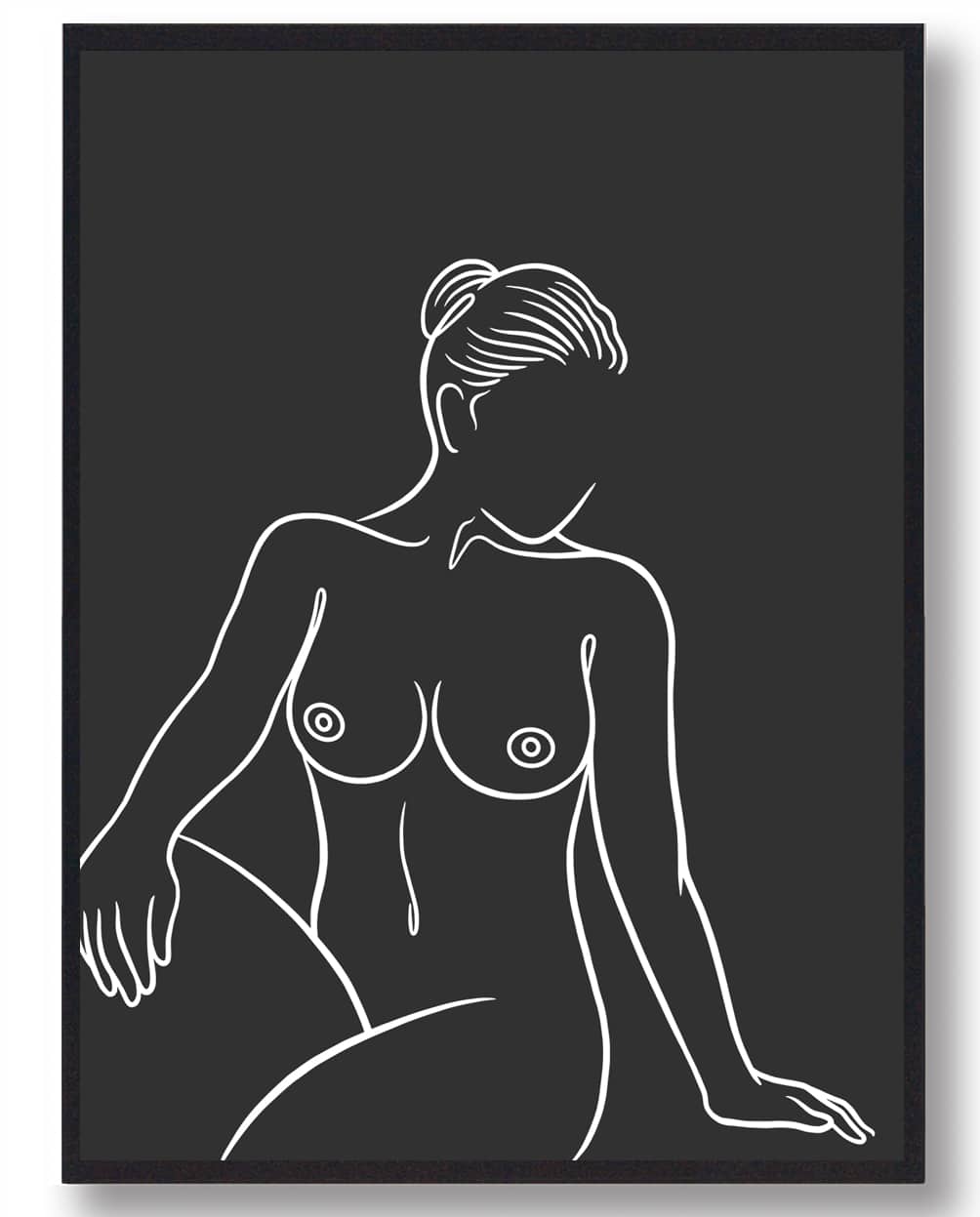 Line Art Plakat med Nøgen Kvinde i Sort - Stilfuld Dekorering