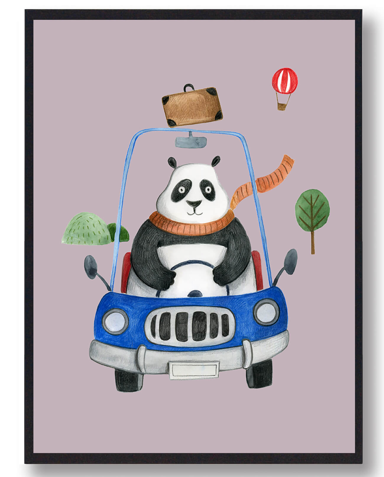 Panda i bil - Håndtegnet plakat i lyserød farve