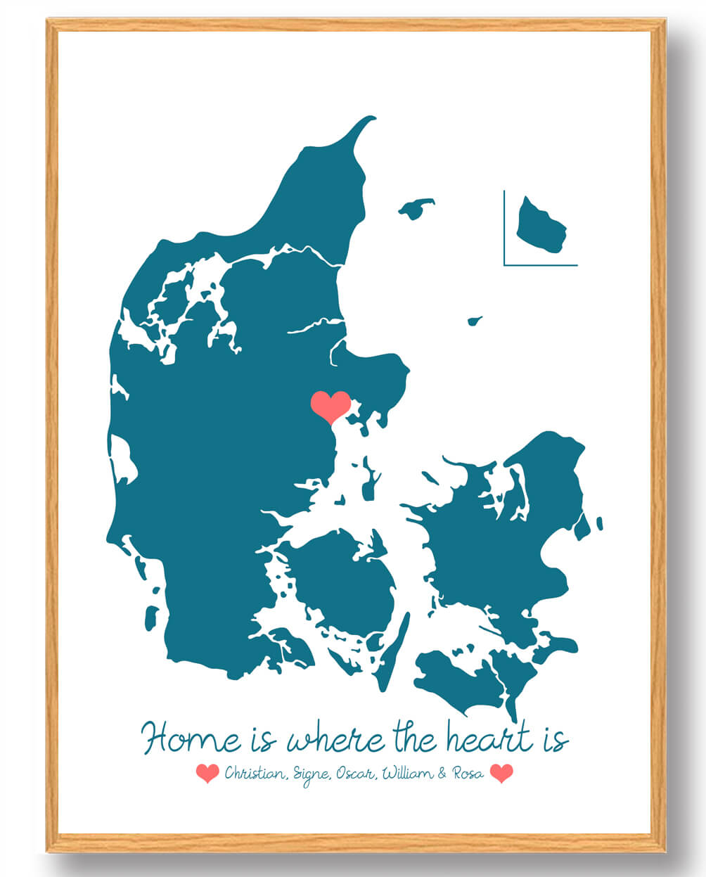 Personlig Danmarkskort Plakat - Blå med Hjerte