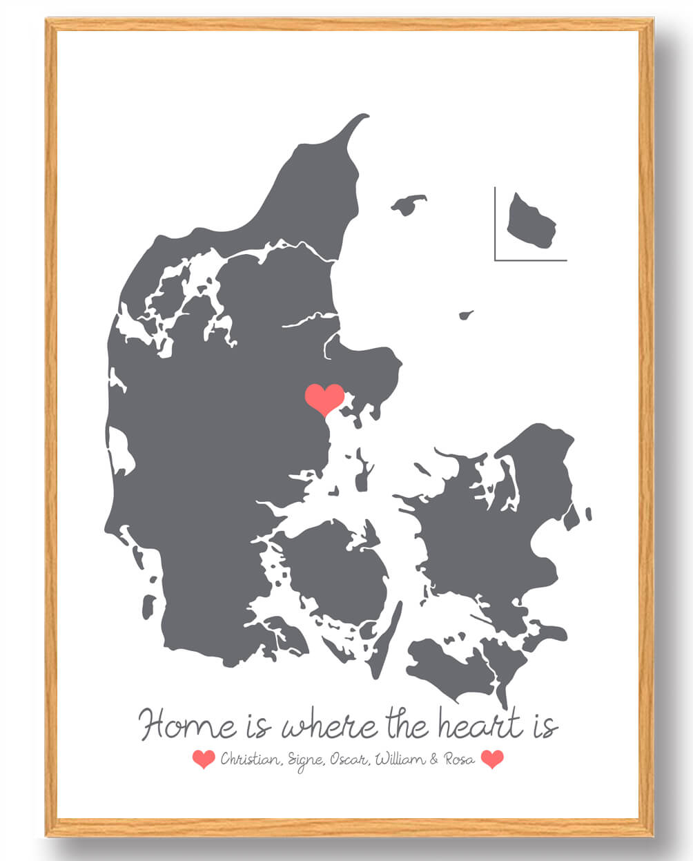 Personlig Danmarkskort Plakat med Hjerte - Grå Design