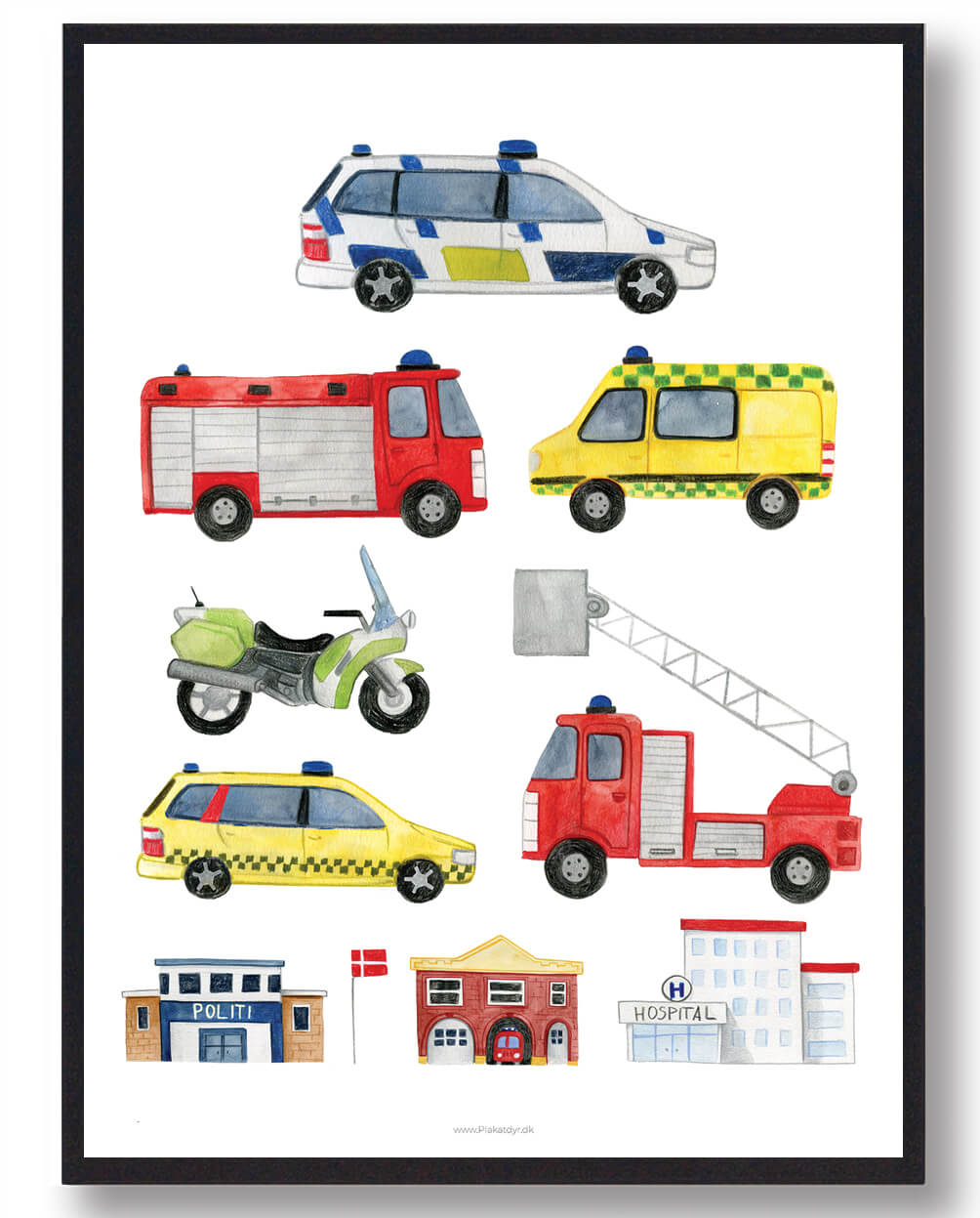 Håndtegnet plakat med politi, ambulance og brandbil til børn