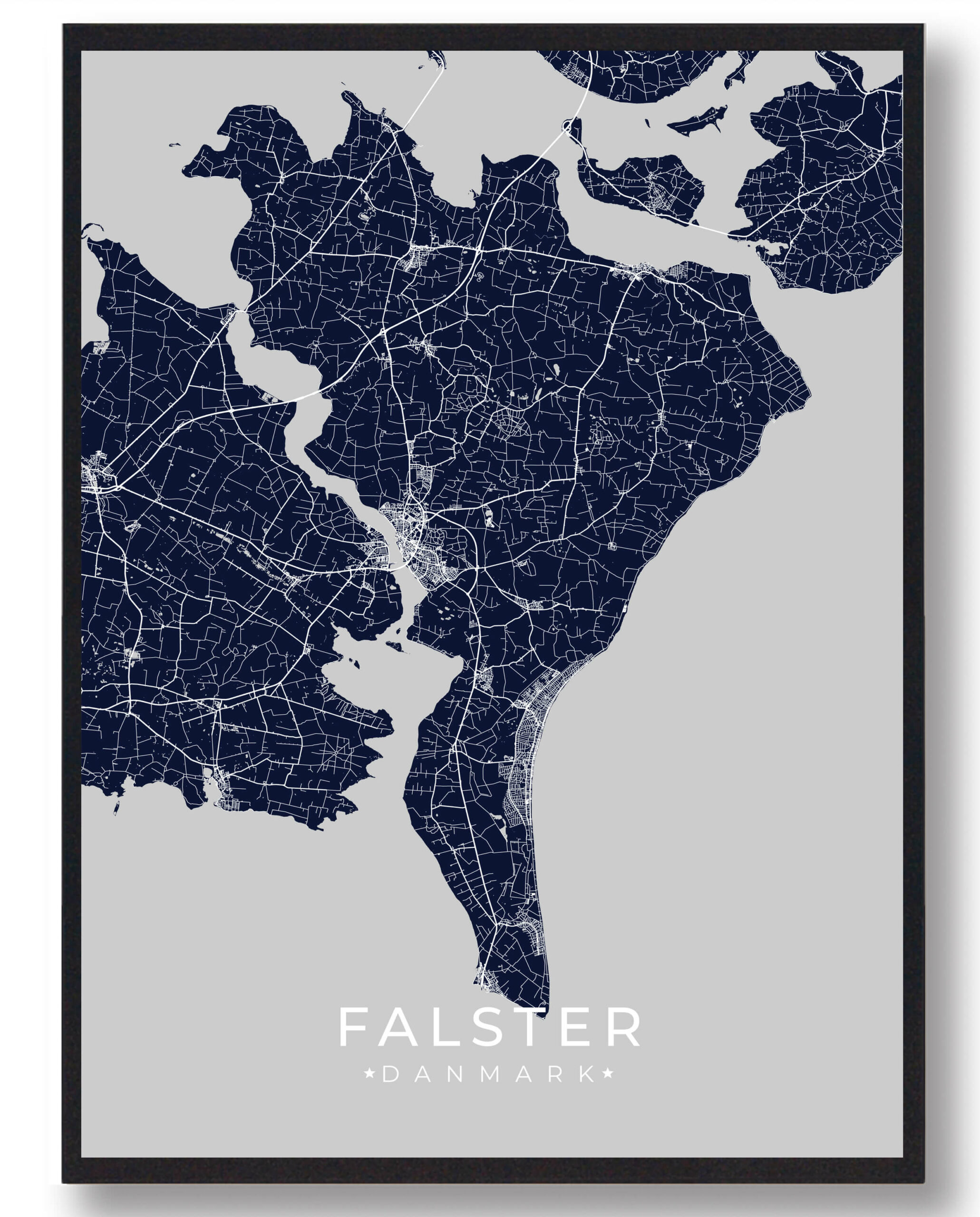 Falster Plakat – Mørkeblå Stregtegning af Øen Falster