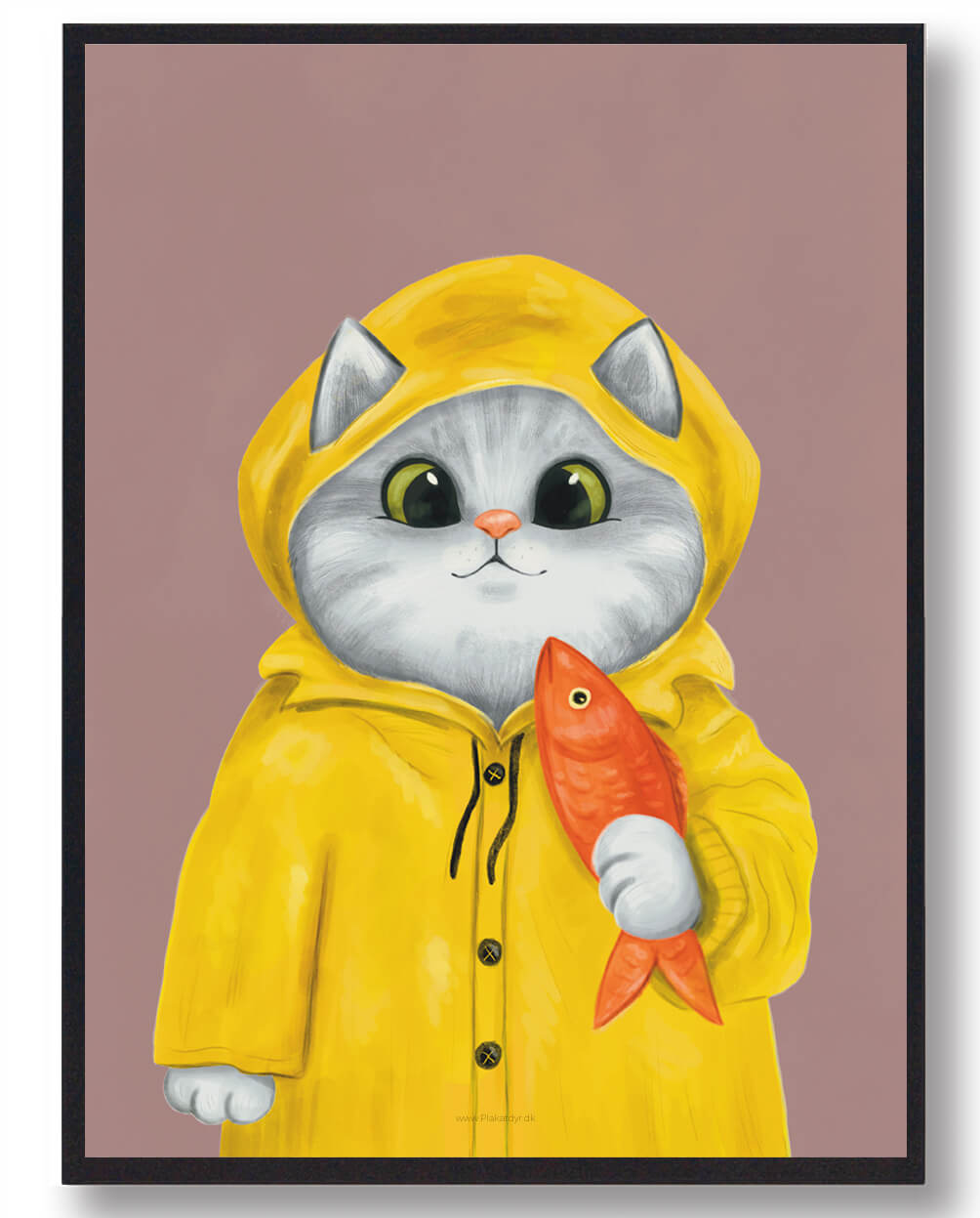 Lyserød Katteplakat med Kat i Regnjakke – Sjov Kunst