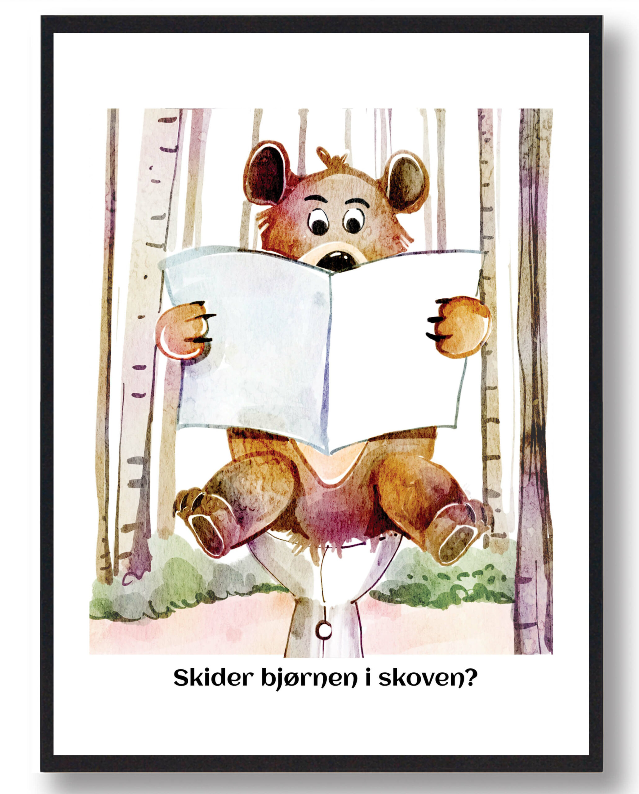 Skider Bjørnen i Skoven - Sjov Plakat til Dit Badeværelse