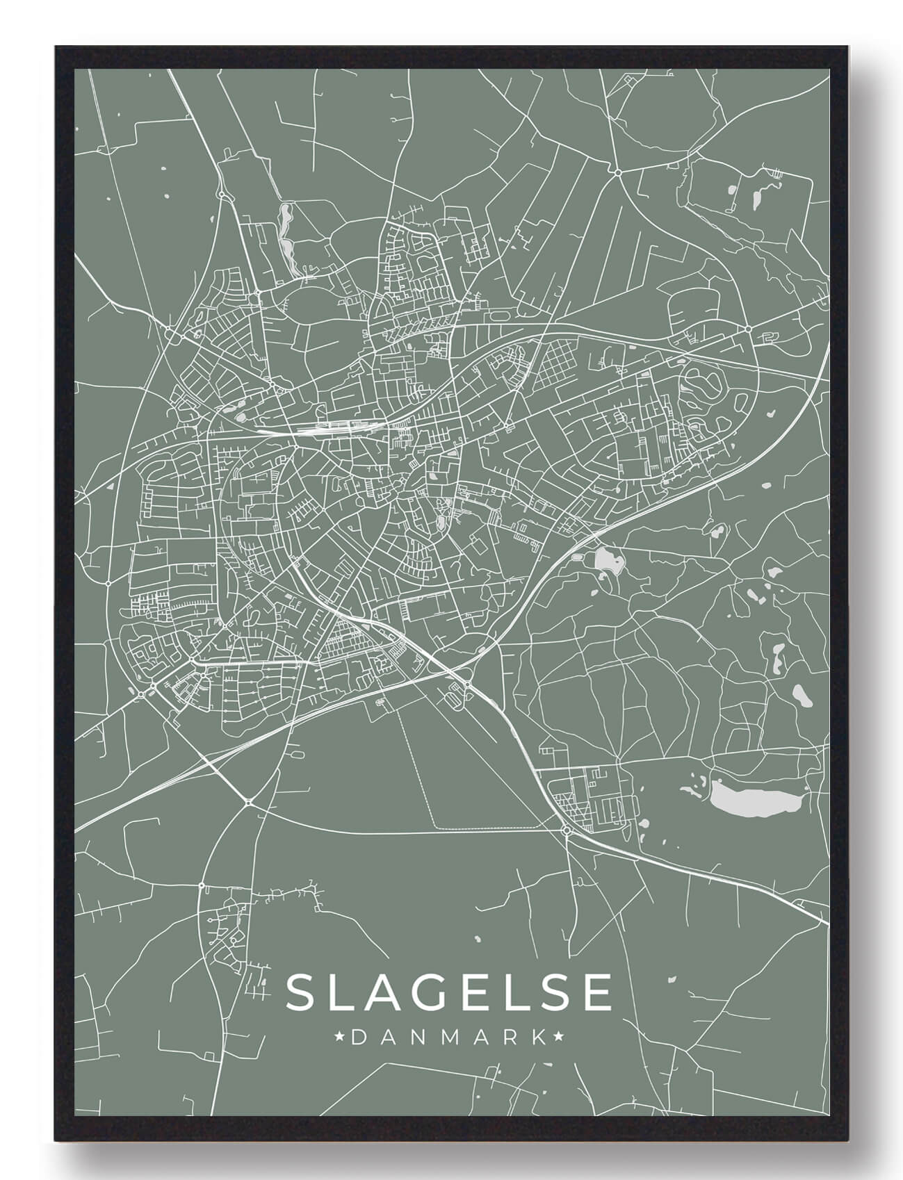 Moderne Slagelse Plakat i Grøn - Byplakat til Væggen