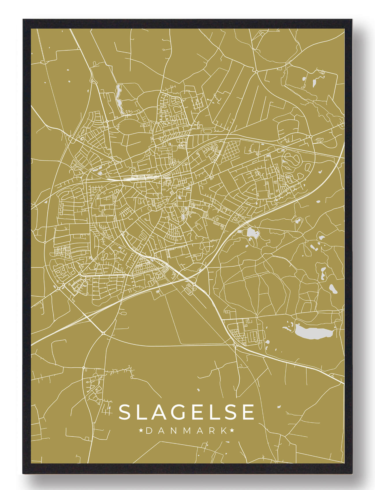 Slagelse Plakat i Gul - Moderne Byplakat til Væggen