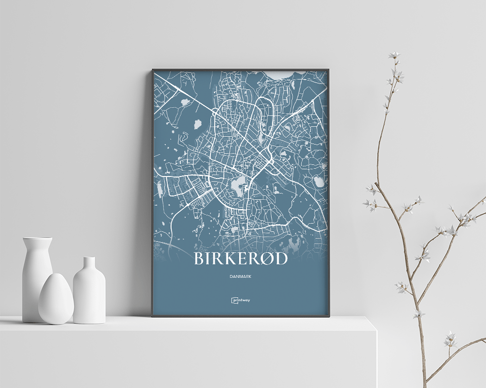 Birkerød Bykort Plakat - Havblå Design A4 21x30 cm