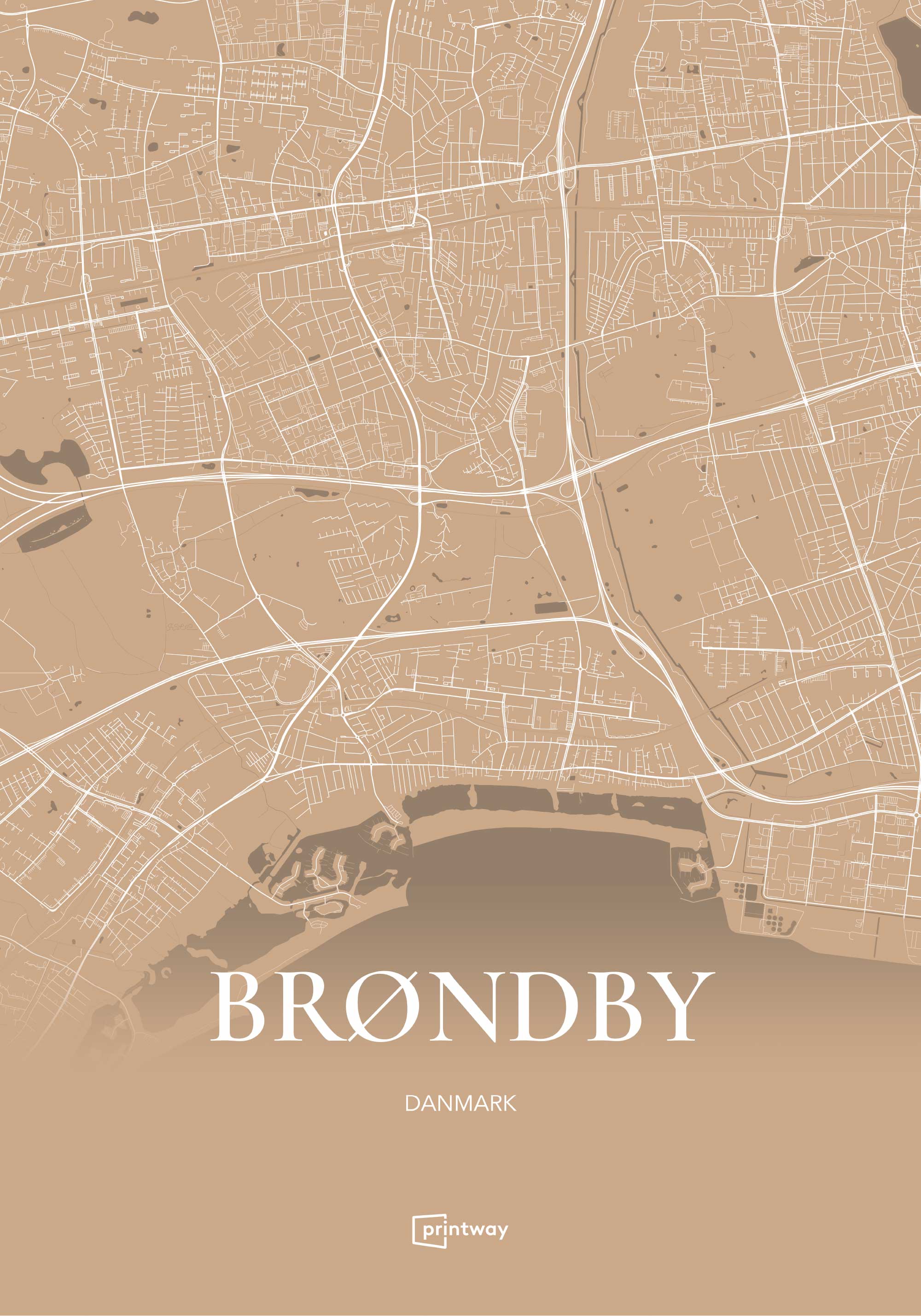 Brøndby Bykort Plakat i Guld – Minimalistisk Design 70x100 cm