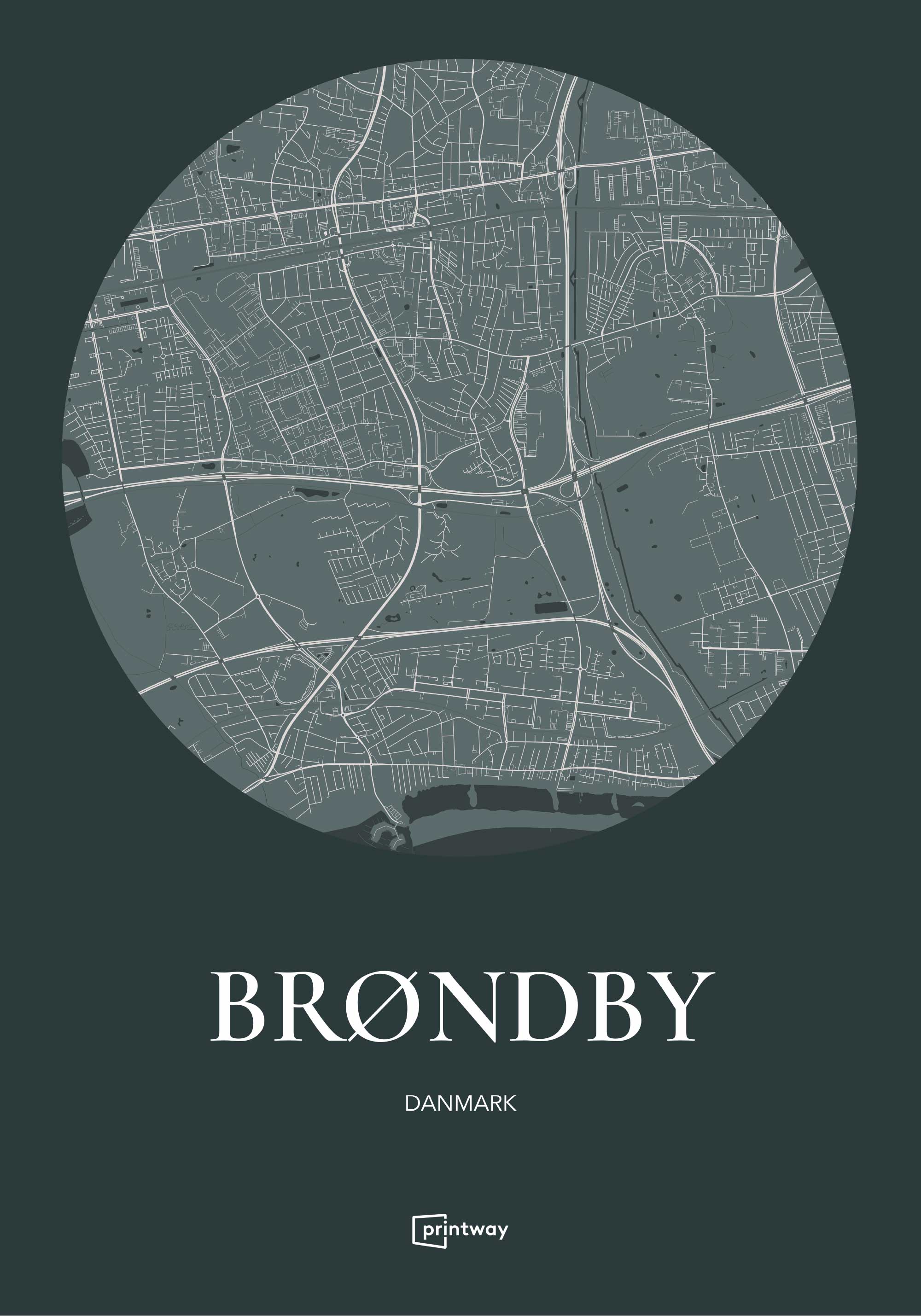 Brøndby Bykort Plakat – Skovgrøn Minimalisme til Dit Hjem