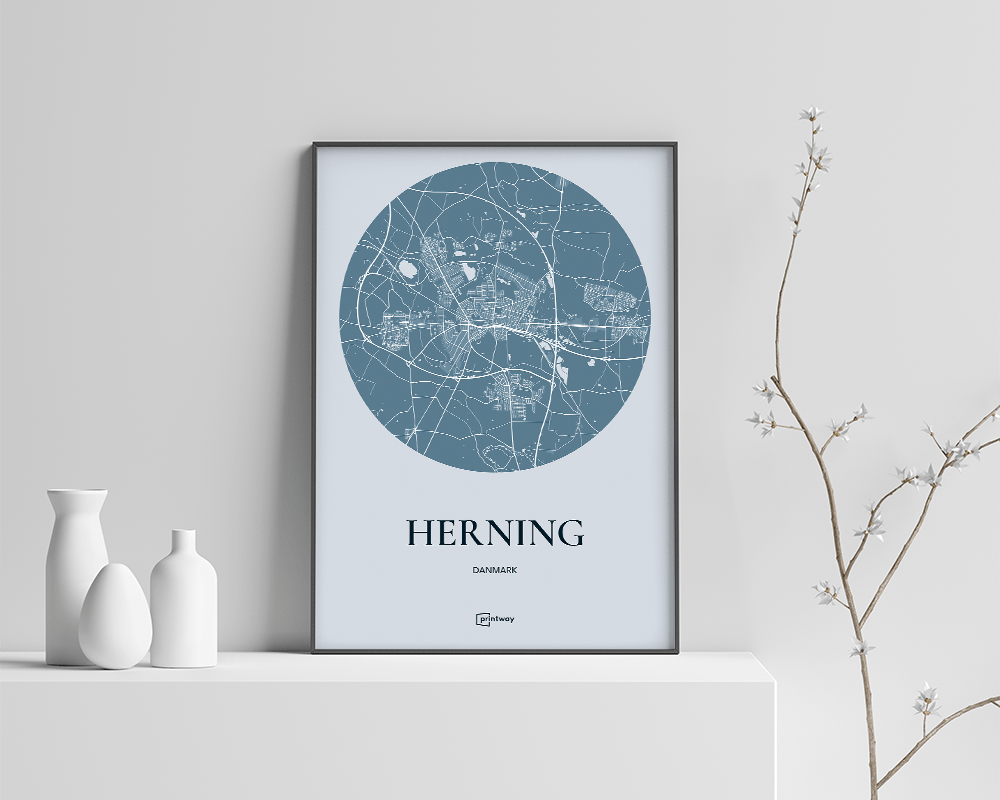 Herning Bykort Plakat i Havblå – Elegant Indretning 42x60 cm