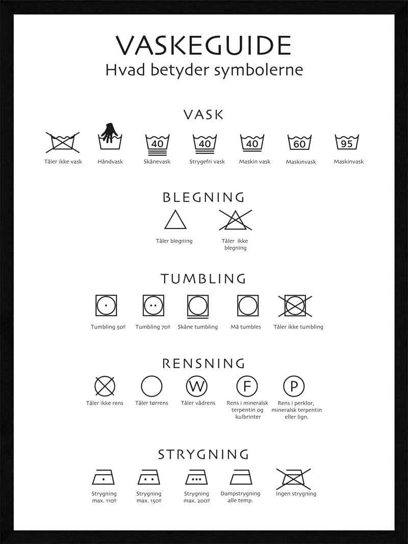 Vaskeguide Plakat - Hvid Design til Tøjpleje