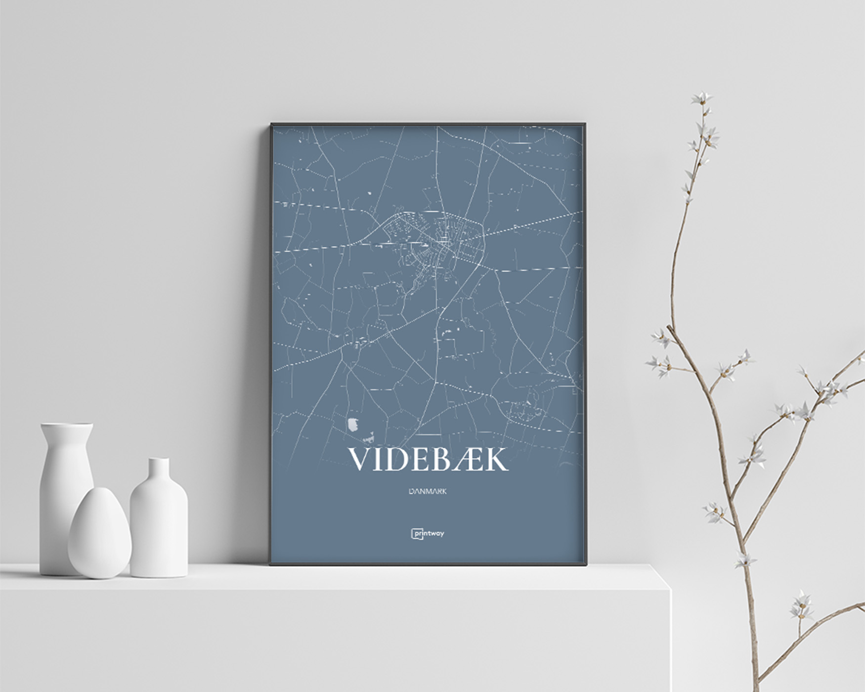 Videbæk Bykort Plakat – Havblå A3 til Dit Hjem