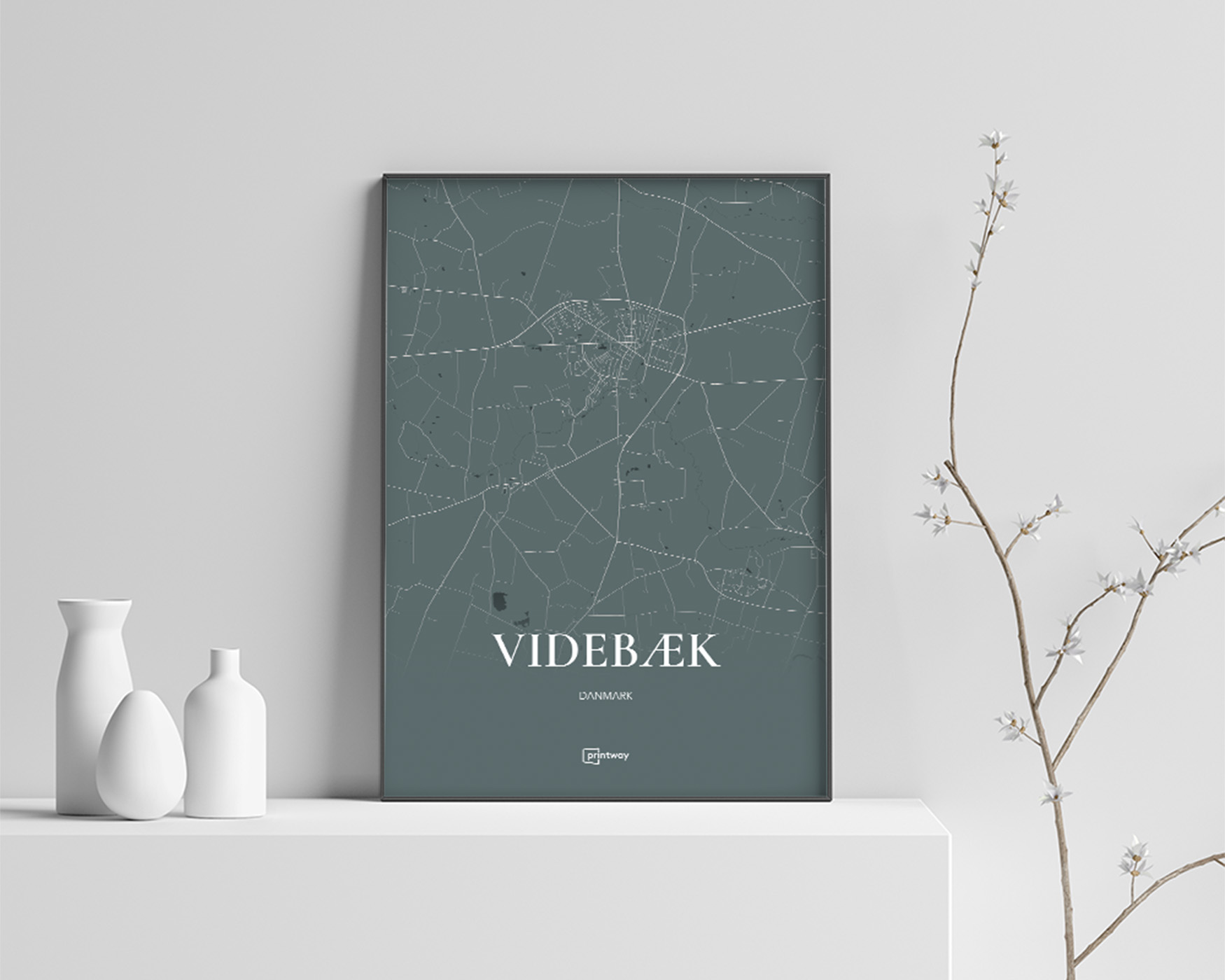 Videbæk Bykort Plakat - Skovgrøn Minimalisme til Væggen