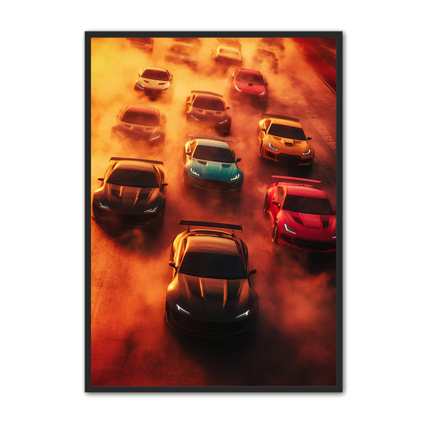 Racerbiler Plakat med Solnedgang – Vægdekoration til Bilentusiaster