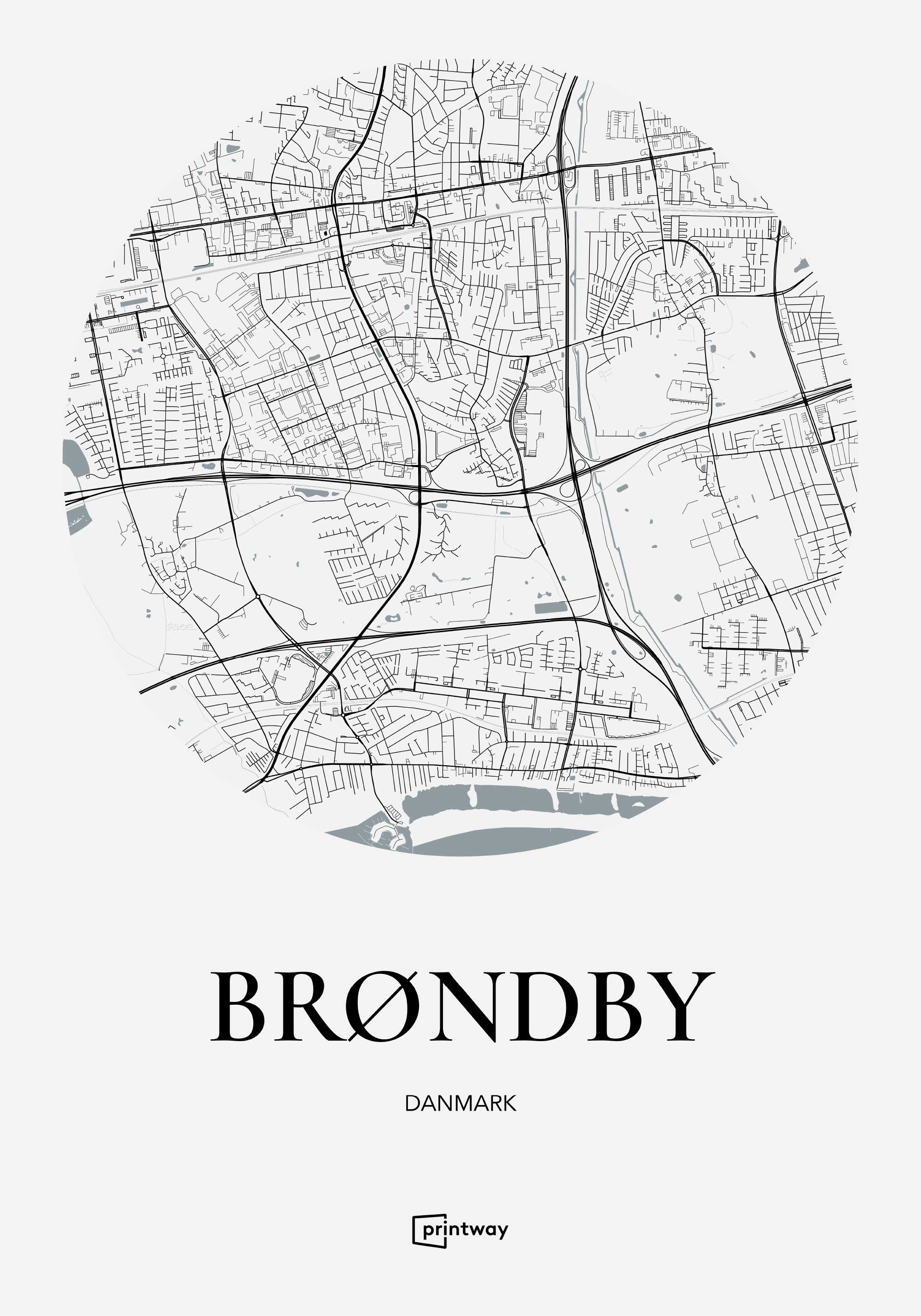 Brøndby Bykort Plakat – Minimalistisk Design 70x100 cm