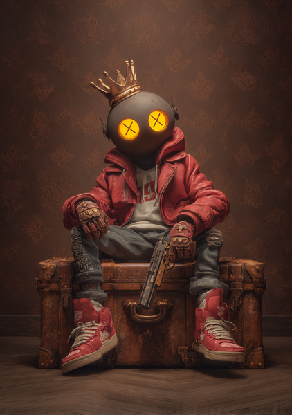 Gamer Plakat – Maskeret Figur med Krone og Rød Jakke