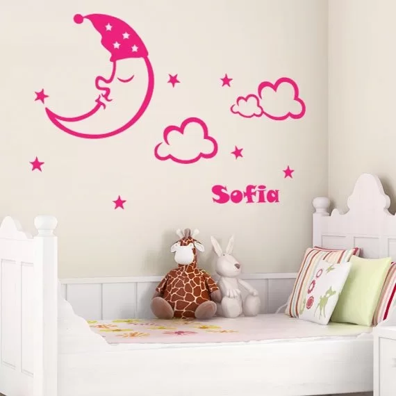 Sødt Godnat Måne & Stjerner Navn Wallsticker til Børn