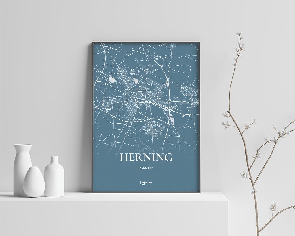 Herning Bykort Plakat - Havblå Design A4 21x30 cm
