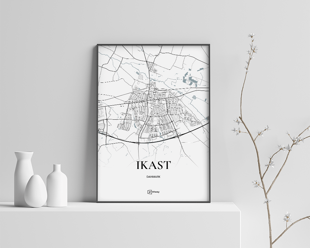 Ikast Bykort Plakat - Minimalistisk Design A4 30x21 cm