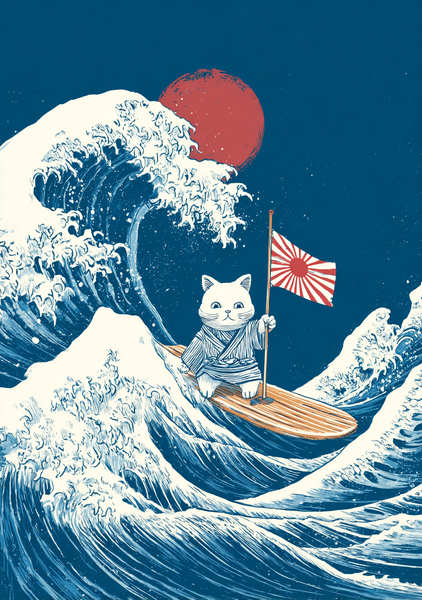 Japansk Plakat: Katten Og Den Store Bølge - Unik Kunst!