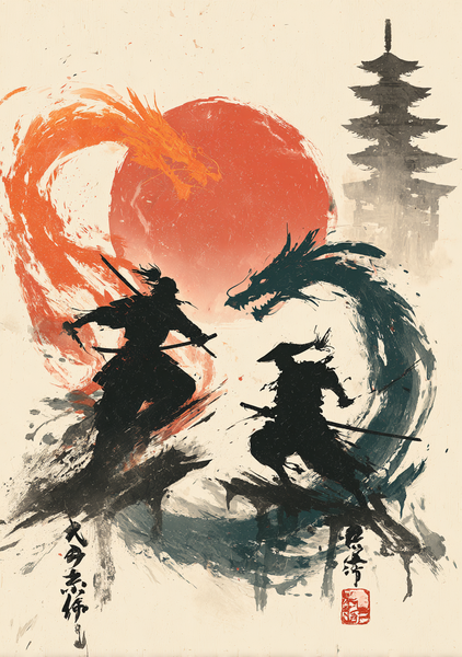 Japansk Plakat med Samurai og Drager - Unik Kunst!