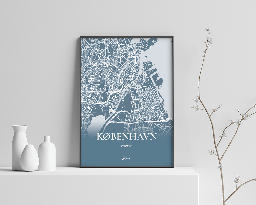 København Plakat - Havblå Kort A4 i Minimalistisk Design