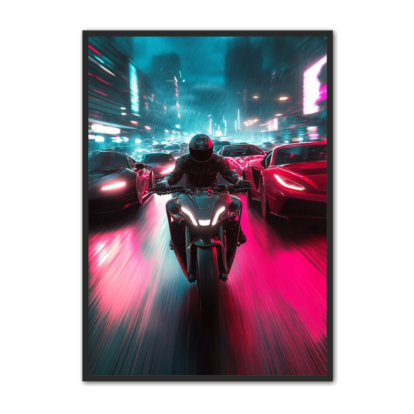 Motorcykel Plakat - Neonrace i Regnvejr