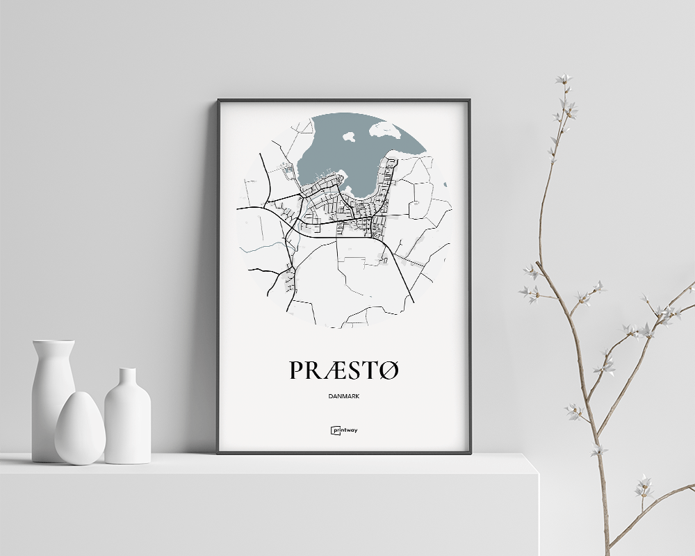 Præstø Bykort Plakat – Minimalistisk Design A4 21x30 cm