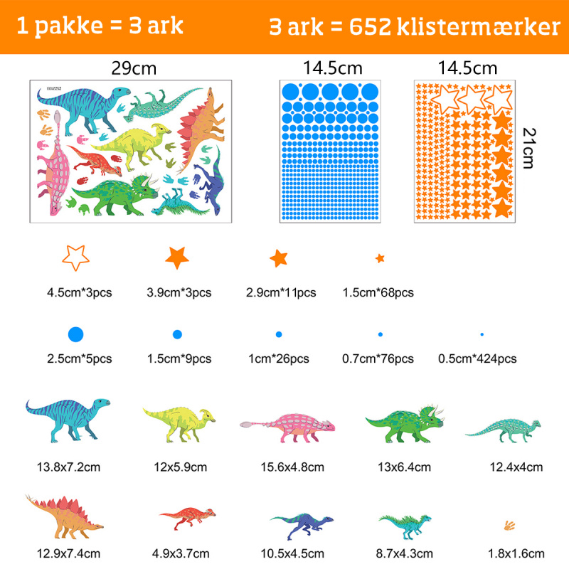 Selvlysende Dinosaur Vægklistermærker med Stjerner – 652 dele