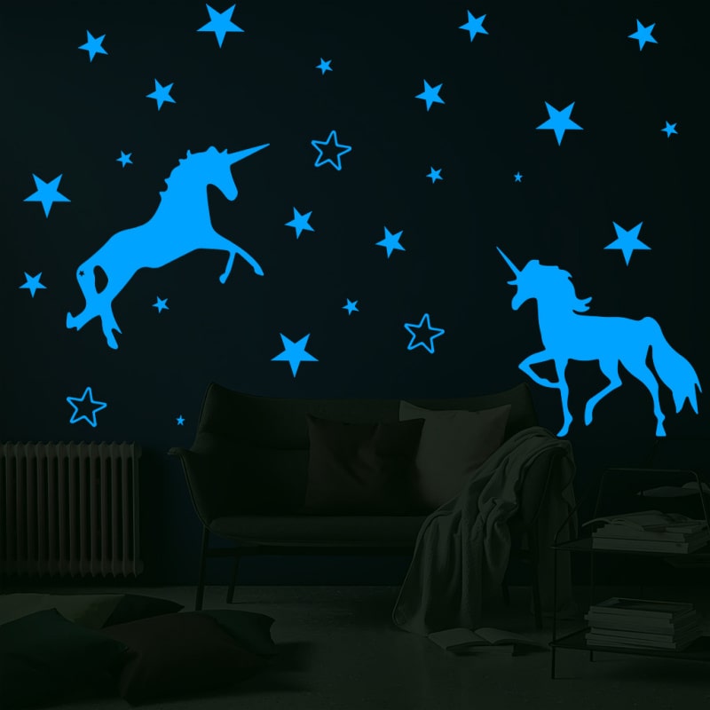 Selvlysende Enhjørning Wallsticker med Stjerner - Magisk Dekor