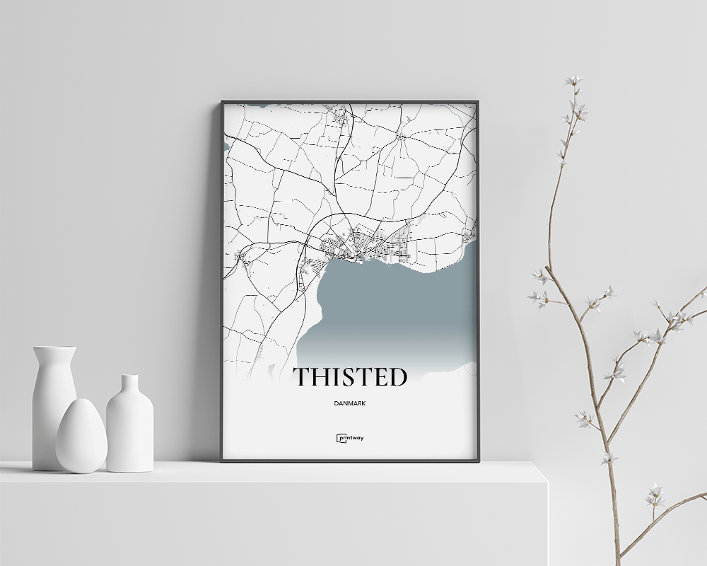 Thisted Bykort Plakat – Minimalistisk Hvid Design 21x30 cm