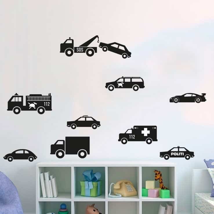 Farverige Biler Wallstickers – 11 Klistermærker til Børneværelset