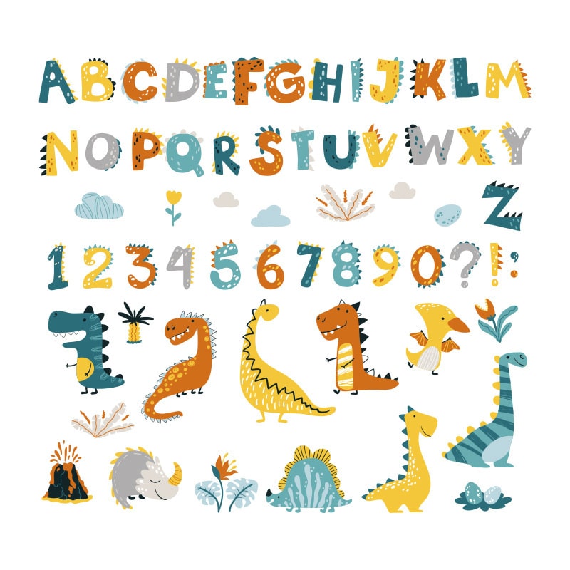 Sød Dinosaur Wallsticker med Alfabet og Tal til Børn