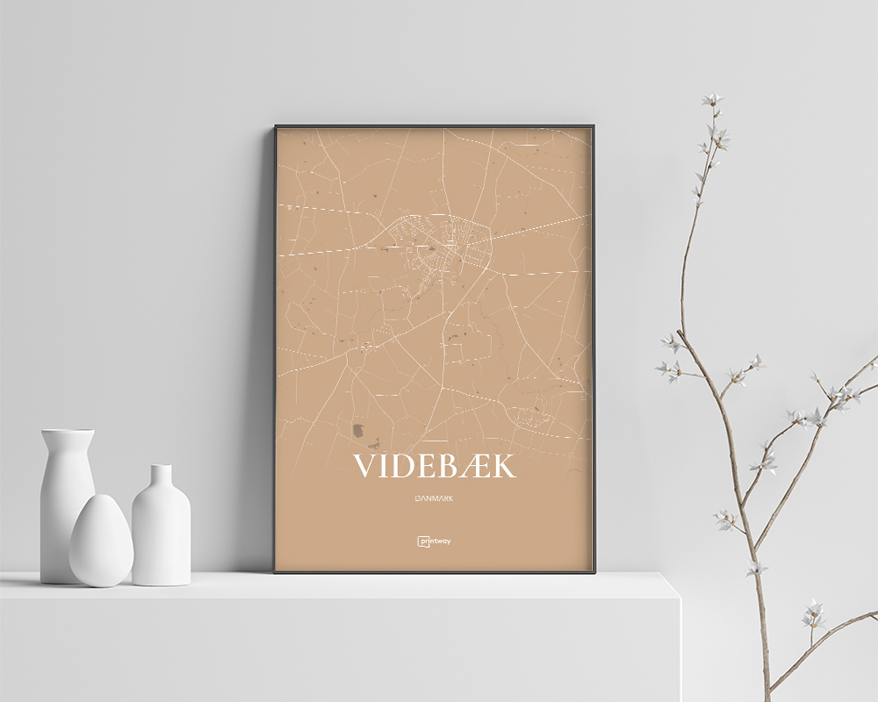 Videbæk Bykort Plakat i Guld – Minimalistisk A1 Design