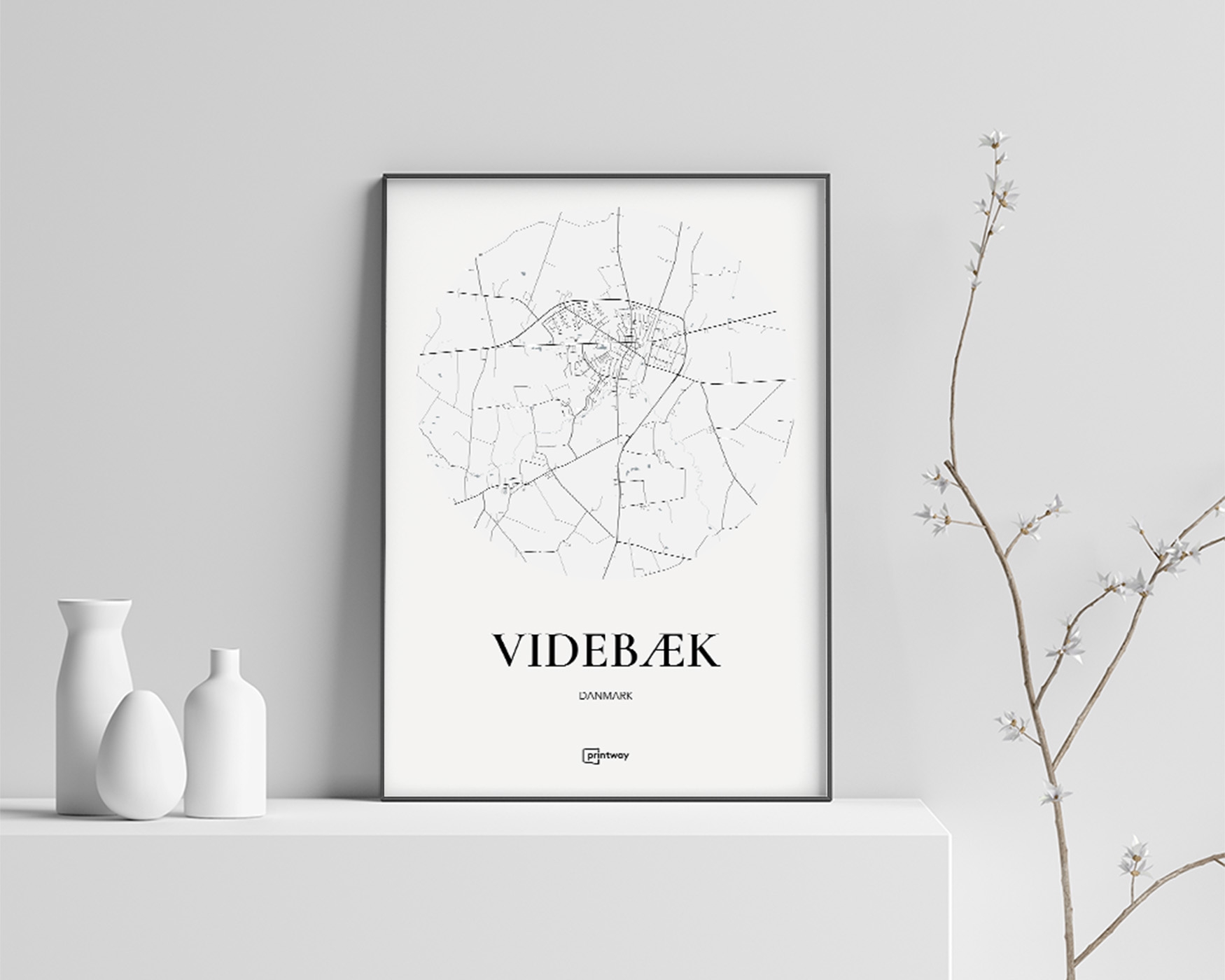 Videbæk Bykort Plakat – Elegant Minimalistisk Design 35x50 cm