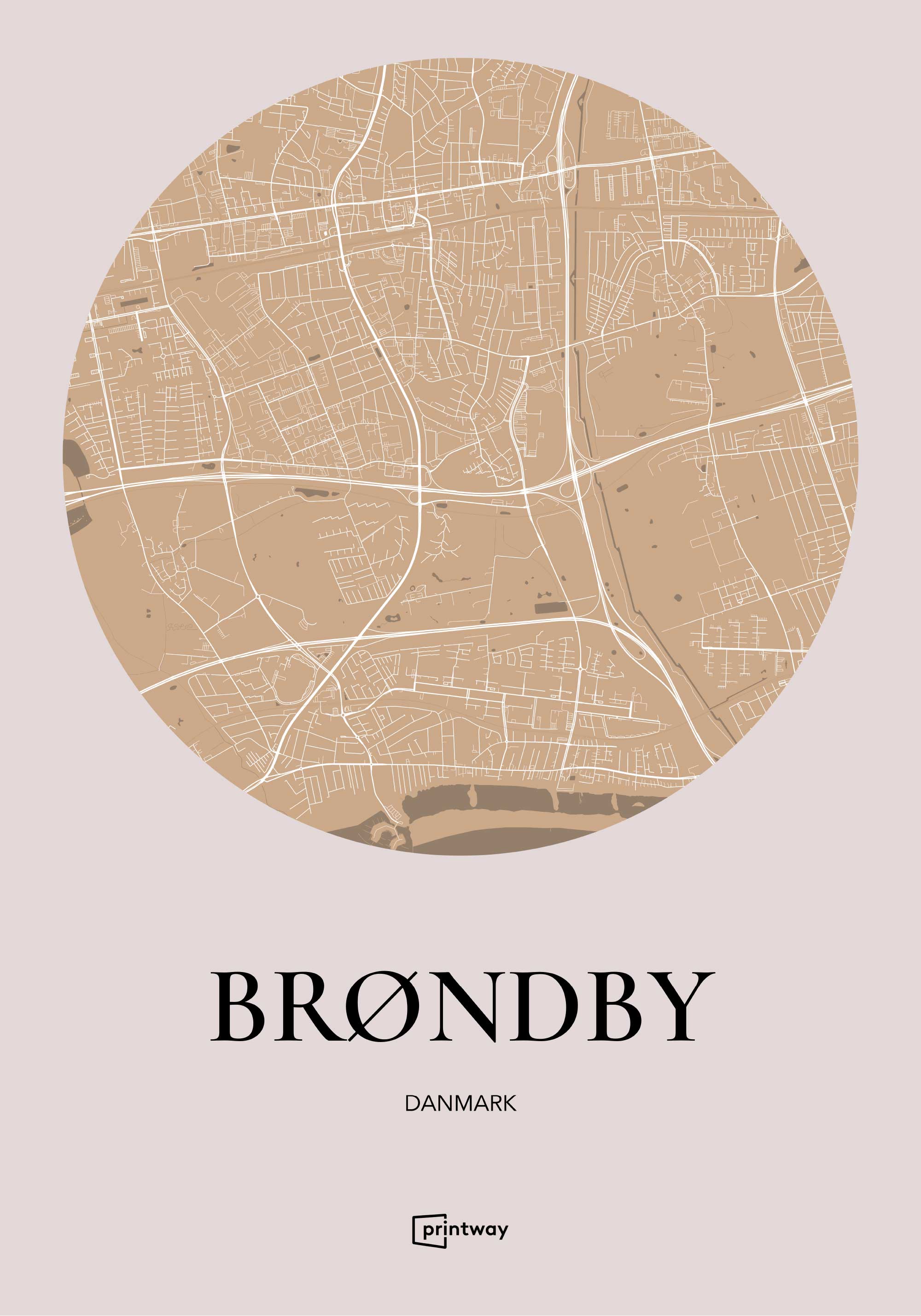 Brøndby Bykort Plakat i Guld – Minimalistisk Design