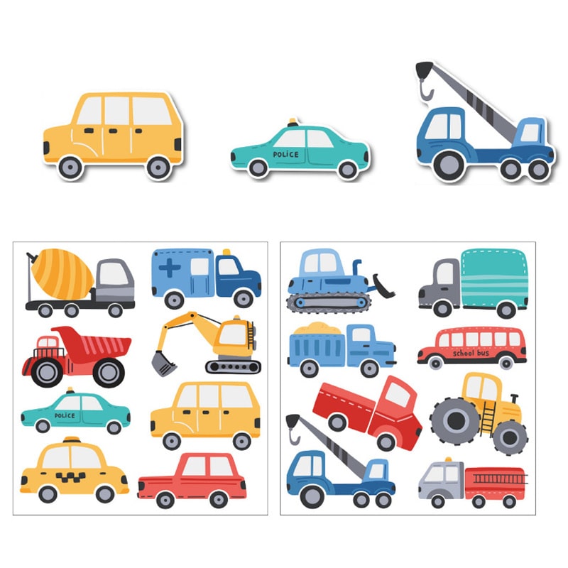 Farverig Transportmiddel Wallsticker med 48 Biler og Køretøjer